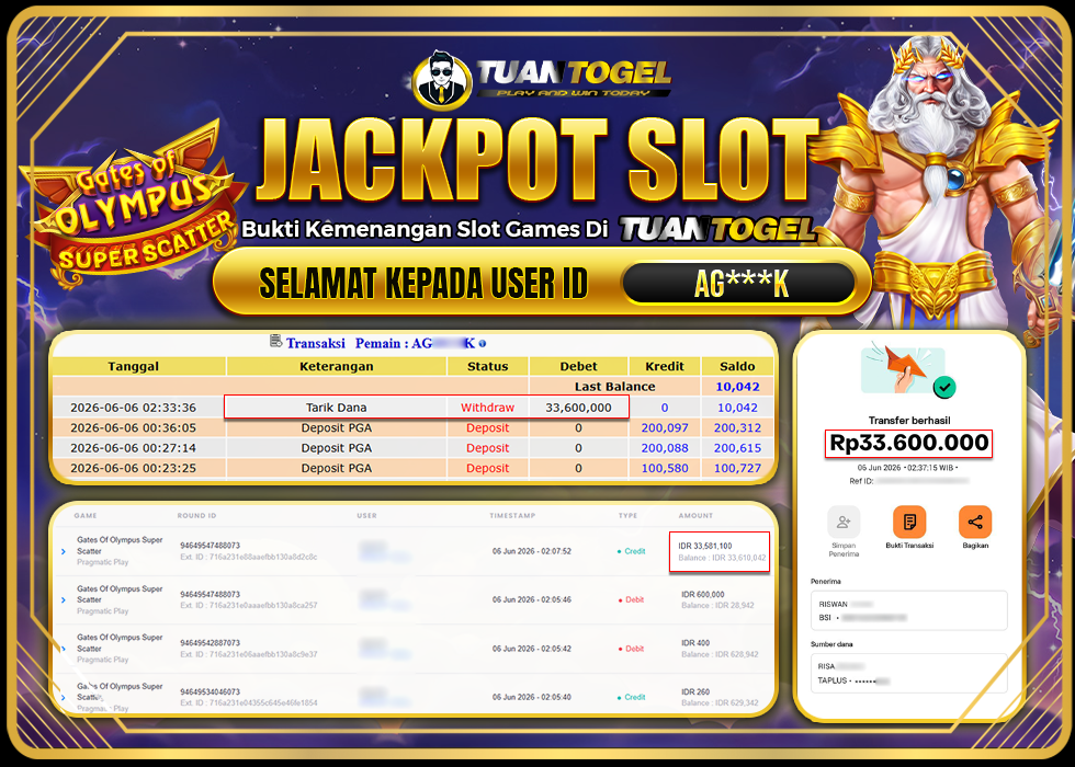 TUANTOGEL JACKPOT SLOT GATES OF OLYMPUS SUPER SCATTER Rp33.600.000, - LUNAS